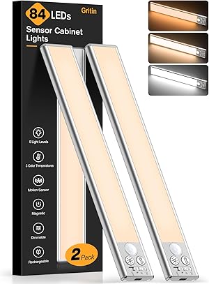 Gritin 26cm Schrankbeleuchtung Unterbauleuchte Küche LED Bewegungsmelder - Superhell Küche Licht 1800mAh Aufladbar,3 Farbe&5 Helligkeit,4 Modi,Einfach Montage Stark Magnet Schranklicht, 2 Stück