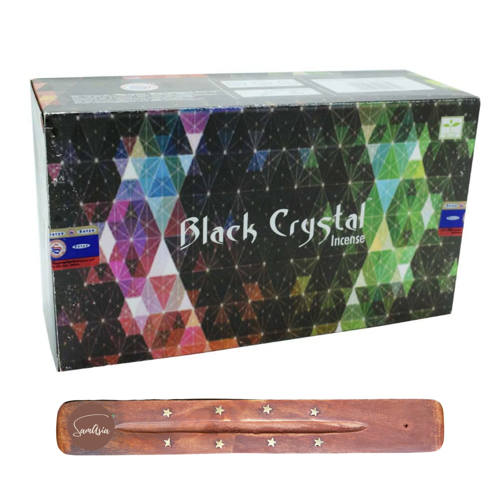 Satya Nag Champa Black Crystal Incense Sticks | x12 pack | with SAMASIA incense sticks holder | Used for Blomatherapy, Spa, Yoga, Weddings, Meditation, Healing, Positivity and Relaxation