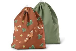 Esembly Ditty Bag Duo - Reusable Waterproof Wet Bags for Cloth Diapers, Swimsuits, Toiletries, and Snacks, Set of 2 - MC Foxes + Aloe