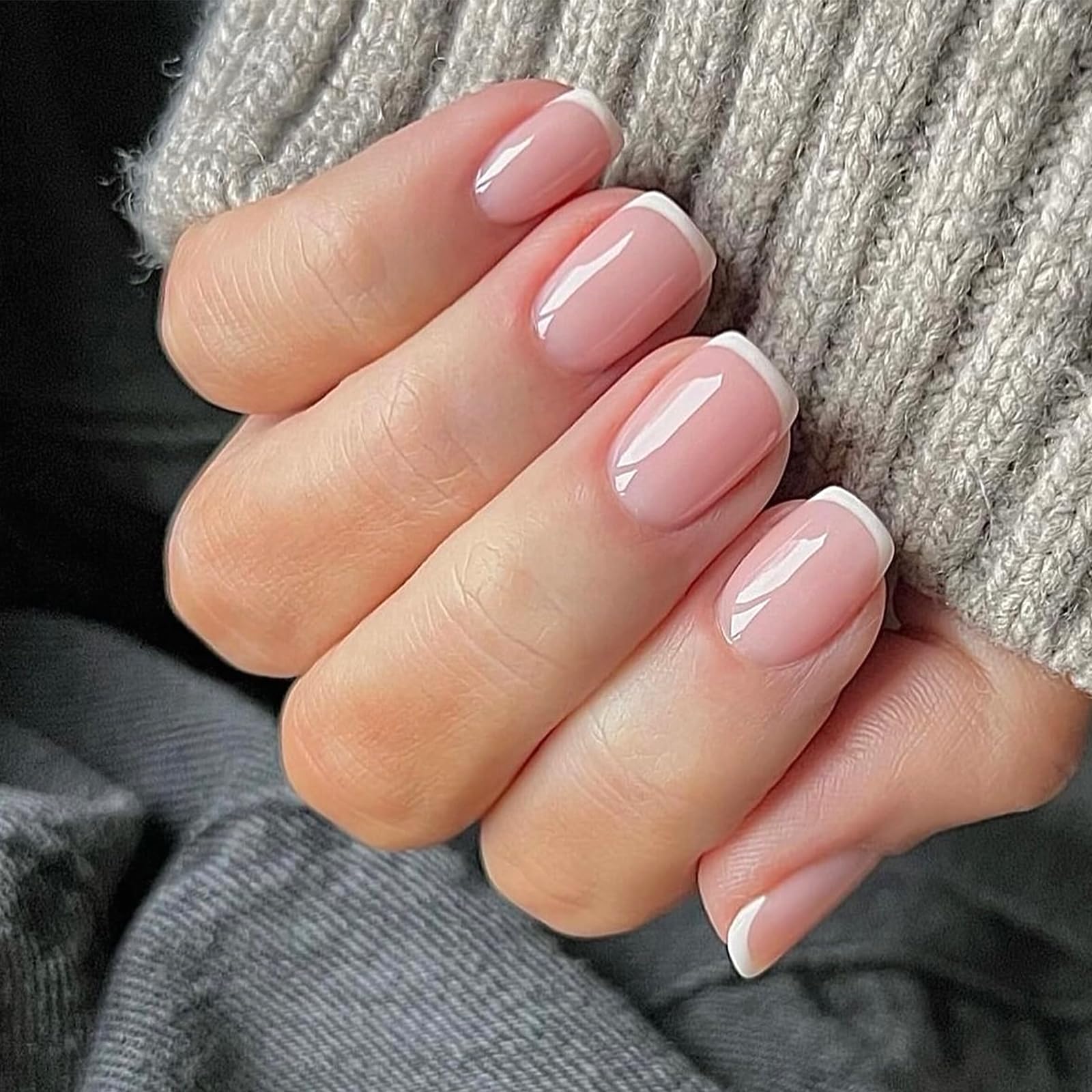 Bellelfin 120Pcs White French Tip Press on Nails Short Square Fake Nails, Full Cover Glossy Pink False Nails Acrylic Glue on Nails Cute Artificial Fingernails for Women Girls