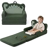 Blissful Diary Kids Couch, 2-in-1 Soft Toddler Couch Fold Out, Toddler Chair Comfy, Convertible Sofa to Lounger, Kids Furniture for Playroom, Gift for Birthday, Children's Day, Green Dinosaur