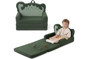 Blissful Diary Kids Couch, 2-in-1 Soft Toddler Couch Fold Out, Toddler Chair Comfy, Convertible Sofa to Lounger, Kids Furniture for Playroom, Gift for Birthday, Children's Day, Green Dinosaur