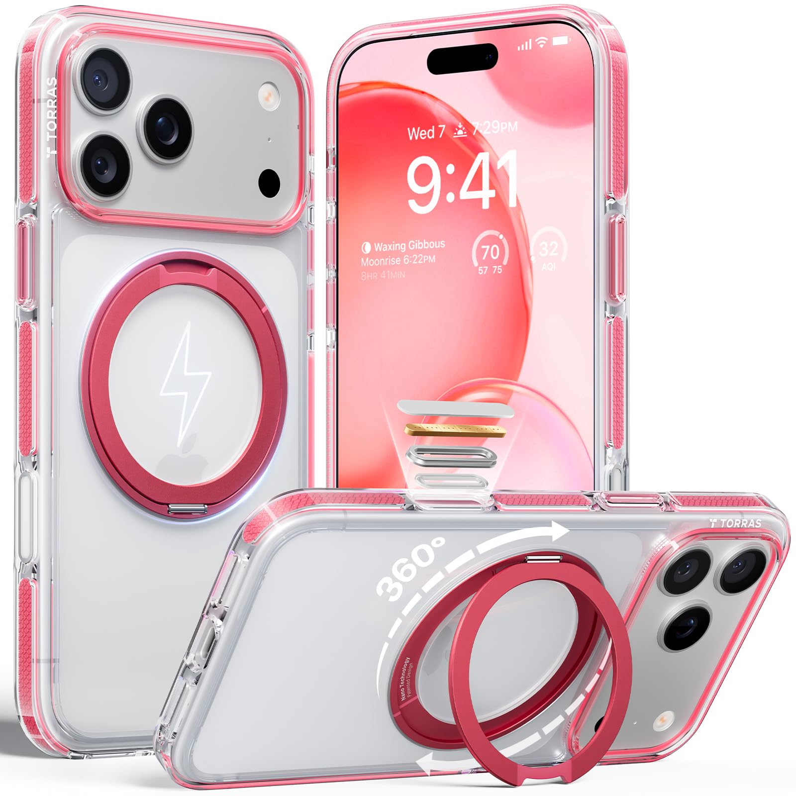Photo 1 of TORRAS 360 Magnetic Stand for iPhone 17 Pro Case, [Rotatable Sturdy Kickstand][Fit for MagSafe][4X Mil-Grade Shockproof] Slim Transparent Phone Cover, Camera Button, Crystal Pink, Ostand O3 Fitness