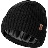 FURTALK Satin Lined Knit Beanie for Men Women Winter Hats Silk Lining Slouchy Warm Cuffed Cap