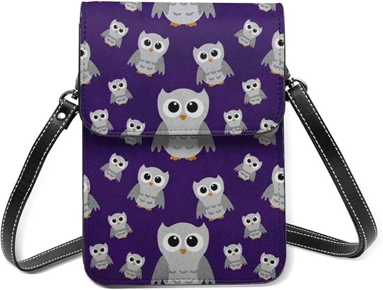 Cute Cell Phone Wallet for Women Gray Owls on Purple Pattern Mini Pouch
