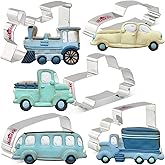LILIAO Transportation Cookie Cutter Set - 5 Piece - Train, Truck, Pick-up Truck, Beat-up Car and Bus Fondant Cutters - Stainless Steel