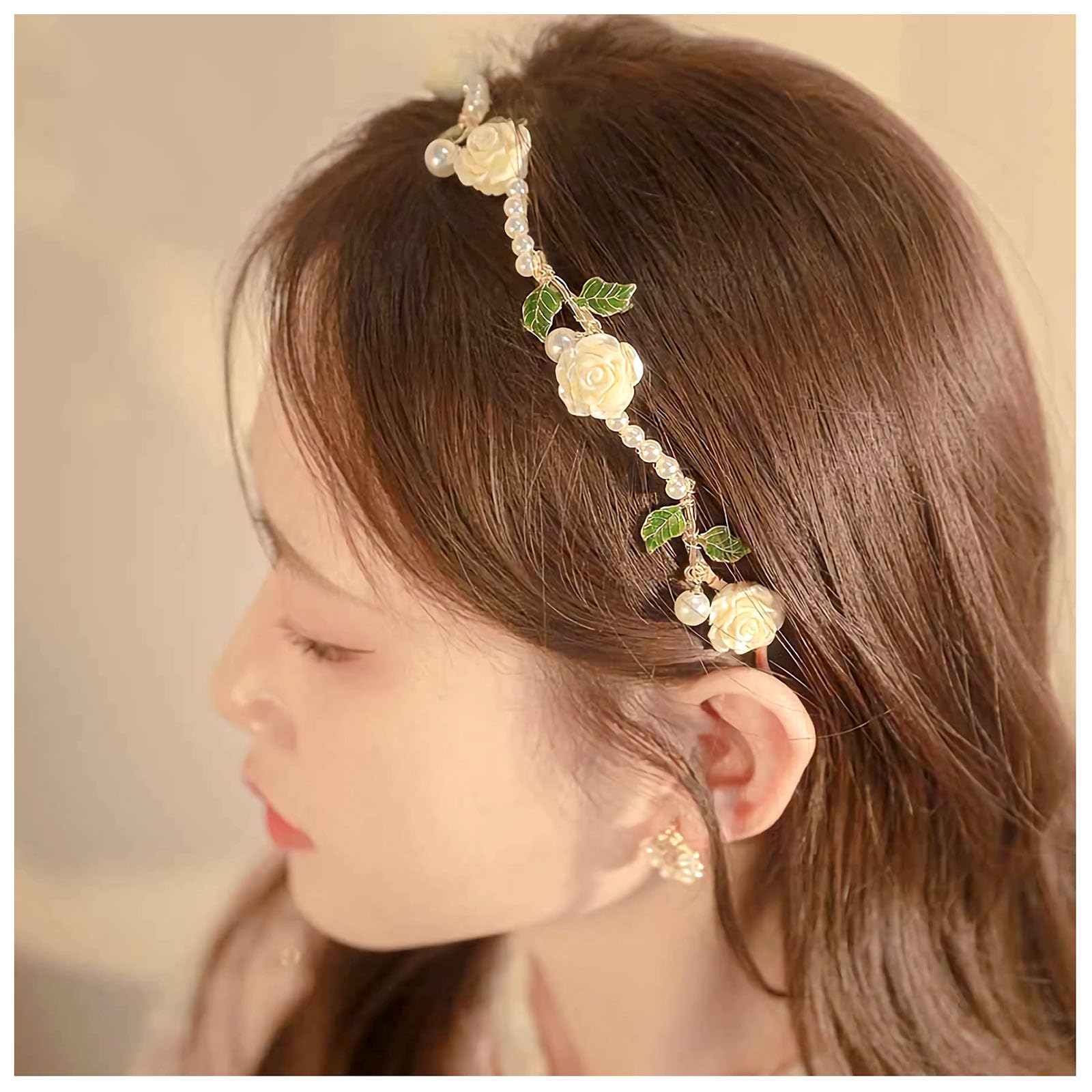 Pearl Rose Flower Headband 1920s French Vintage Camellia Hair Hoop 1920s Leaf hair Band Headpiece Accessories for Women Girls (White)