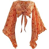 BEAUDRM Women's Boho Tops Wrap Western Country Concert Outfits Tie Front Long Bell Sleeve Tops 70s Hippie Disco Clothes