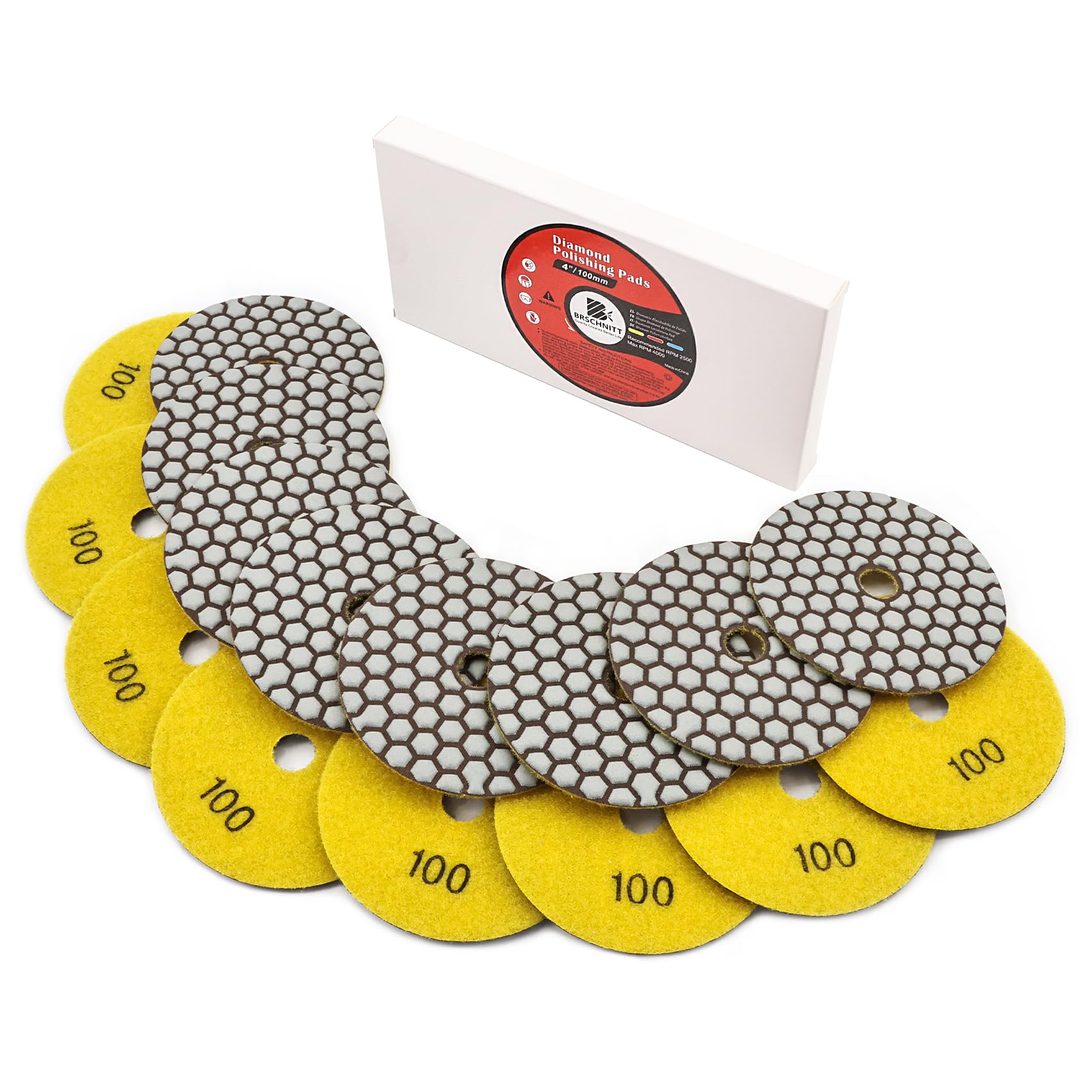BRSCHNITT Dry Diamond Polishing Pads Set 4 Inch Grit 100 - Dry Polish Pad Kit 8pcs for Granite Marble Concrete Quartz Marble Floor Polishing