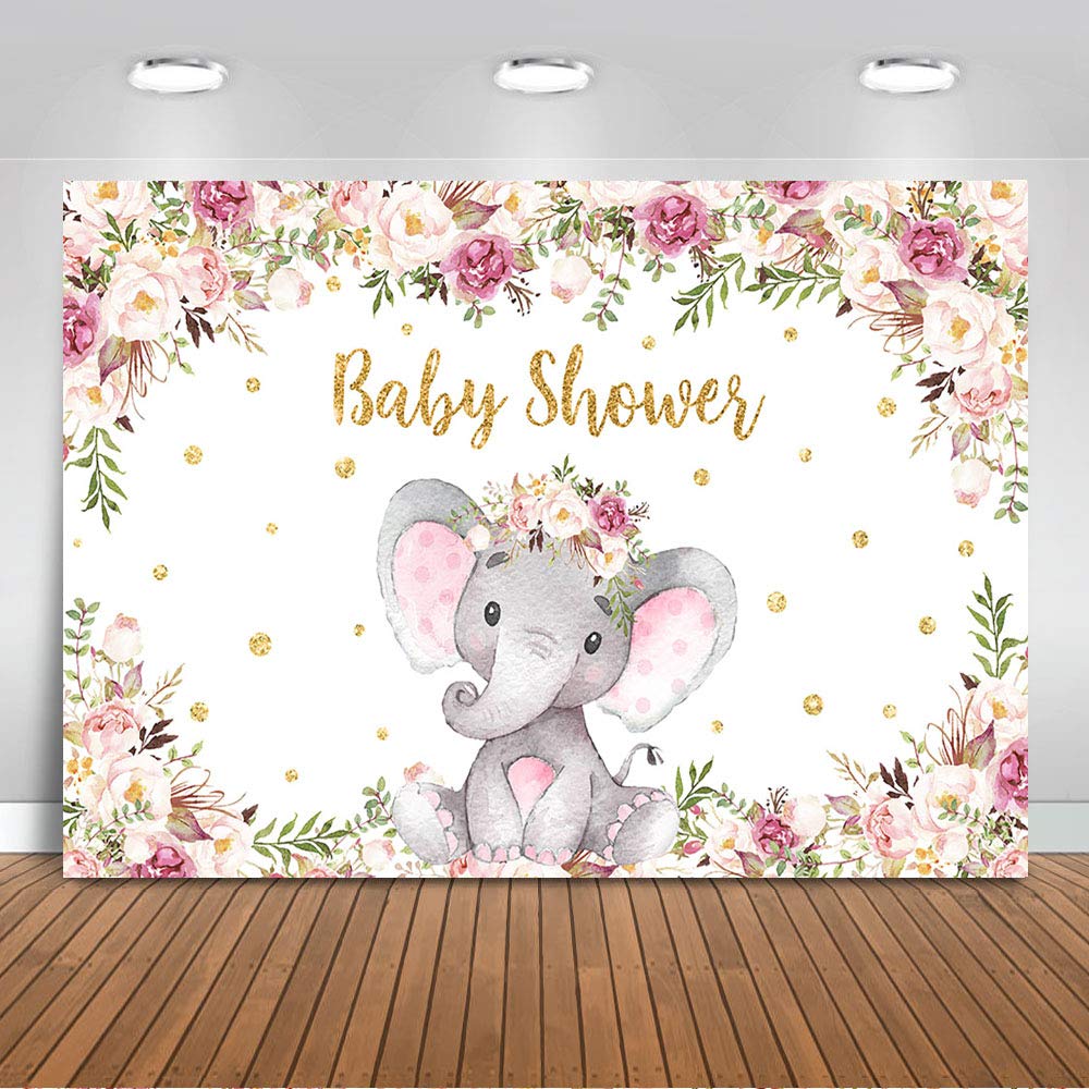 Avezano 7x5ft Floral Elephant Backdrop for Baby Shower Pink Flower Wood It's a Girl Banner Birthday Photography Background Cake Table Decoration Photo Booth Studio Props Party Supplies
