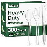 300 Count Heavy Duty Clear Plastic Silverware, Disposable Plastic Utensils Set, 100 Forks, 100 Spoons, 100 Knives, BPA-Free Heat Resistant Durable Plastic Cutlery Set for Party