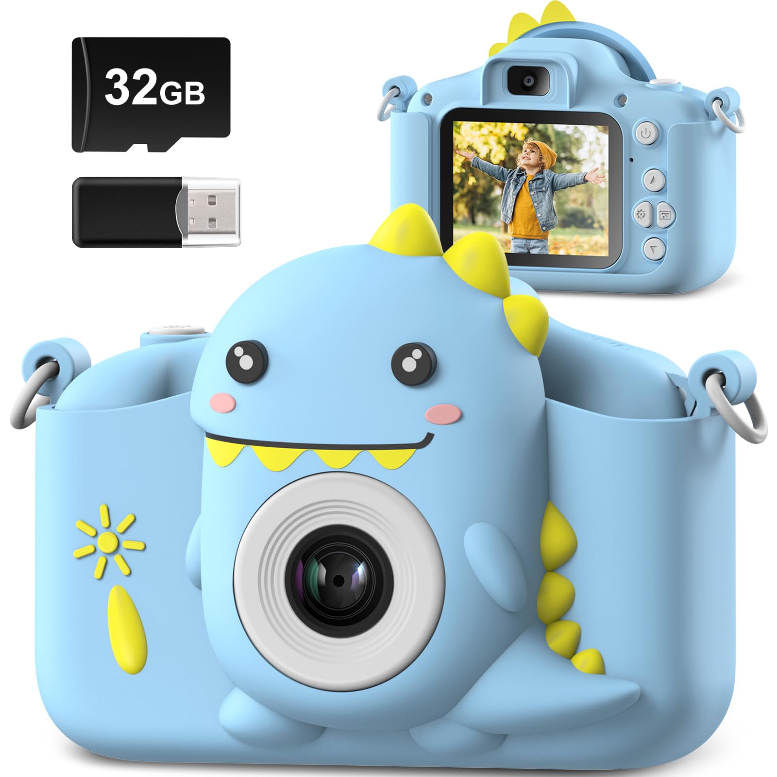 Hangrui Kids Camera, 20MP Kids Digital Dual Lens Cameras with Silicone Case 2.0 Inch IPS Screen 1080P Video Camcorder, 32GB Card,Shockproof Childrens Camera Toy for Boys & Girls Age 3-12(Blue)