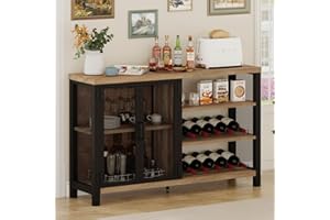 BON AUGURE Industrial Bar Cabinet for Liquor and Glasses, Rustic Wine Cabinet with Doors, Farmhouse Coffee Bar Cabinet with Storage (Vintage Oak, 47 Inch)