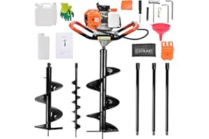 WUYULE 62cc Auger Post Hole Digger, 2 Stroke Post Hole Digger Gas Powered Earth Auger with 3 Auger Drill Bits 5" 6" 8"+3 Extension Rods, Post Hole Auger for Fence and Planting