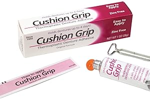 Cushion Grip Thermoplastic Denture Adhesive 1oz–Extra Strong Hold Up to 4 Days, Unmatched Strength, Waterproof & Zinc Free, Relieves Sore Gums, Comfortable Refit, Long Lasting, Acts as Soft Reliner