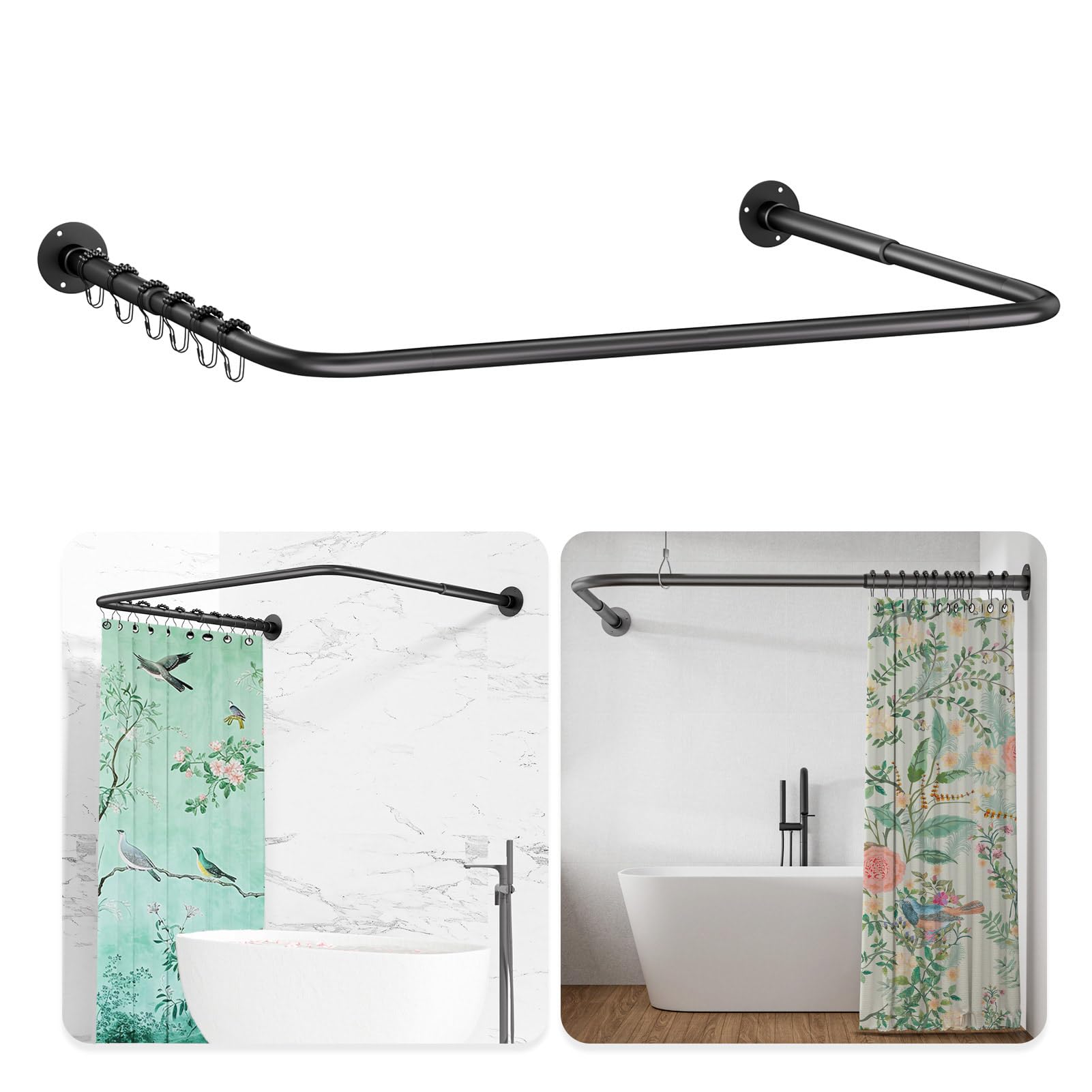 L Shaped/U Shaped Shower Curtain Rail, [60-92]X[78-198]X[60-92]cm Adjustable Shower Curtain Pole, Wall Mounted Curved Shower Rail With 12 Rings & Ceiling Support For Bathroom Bathtubs, Need Drilling