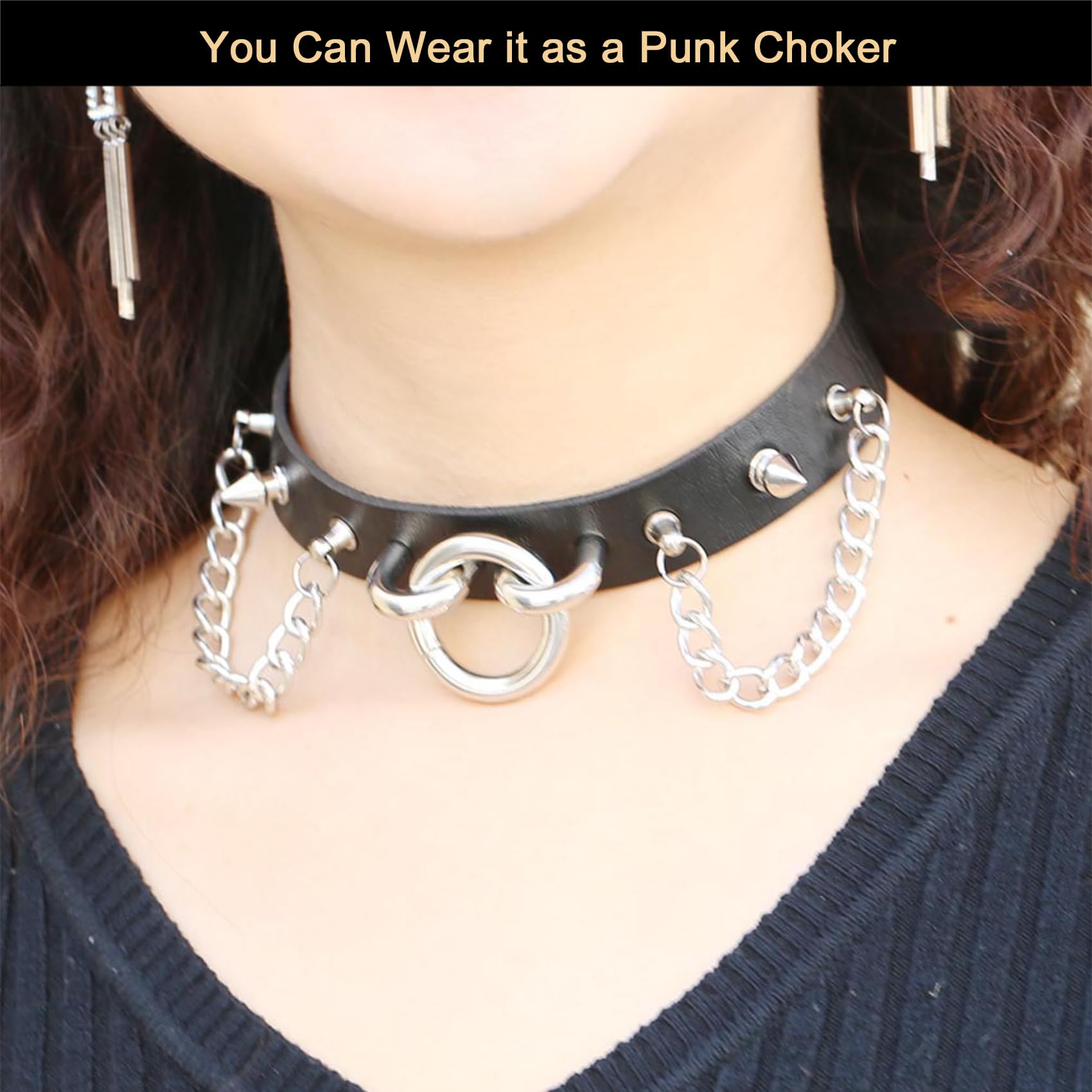 2PCs Adjustable Studded O-ring Leg Garter, Elastic Punk Thigh Garters with Chains for Women Parties, Black