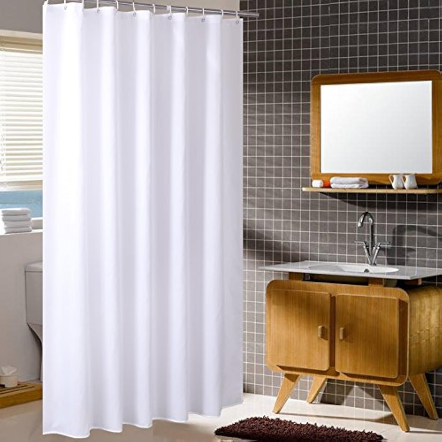 Homehold 180cm Wide By 200cm High White Shower Curtain, Waterproof Polyester Bathroom Curtain With Hooks