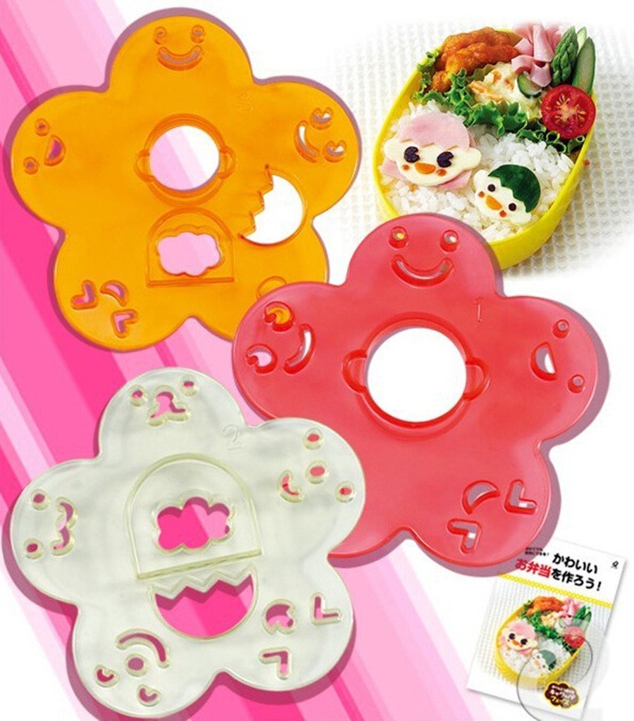 OHF 3 in 1 Bento Accessories Various Emotion Expression Rice Mold Onigiri Shaper and Dry Roasted Seaweed Cutter Set