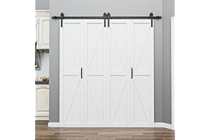 ARK DESIGN 64" x 84" K Shape Bifold Barn Door with Hardware Kit Included, Pre-Assembled Solid Core Panel Bi-fold Barn Door for Pantry, Closet, Laundry, Primed White Finish with Water Resistance, Paintable