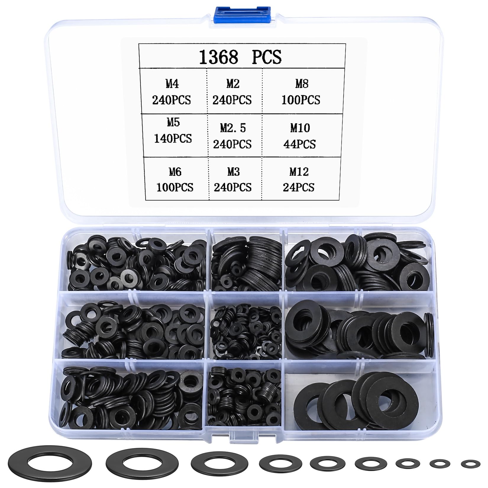1368 Pcs Assorted Washers - Black Stainless Steel Flat Metal Lock Washers M2-M12, Spacers for Screws, Plumbing, Home Decoration, Repair — image 1