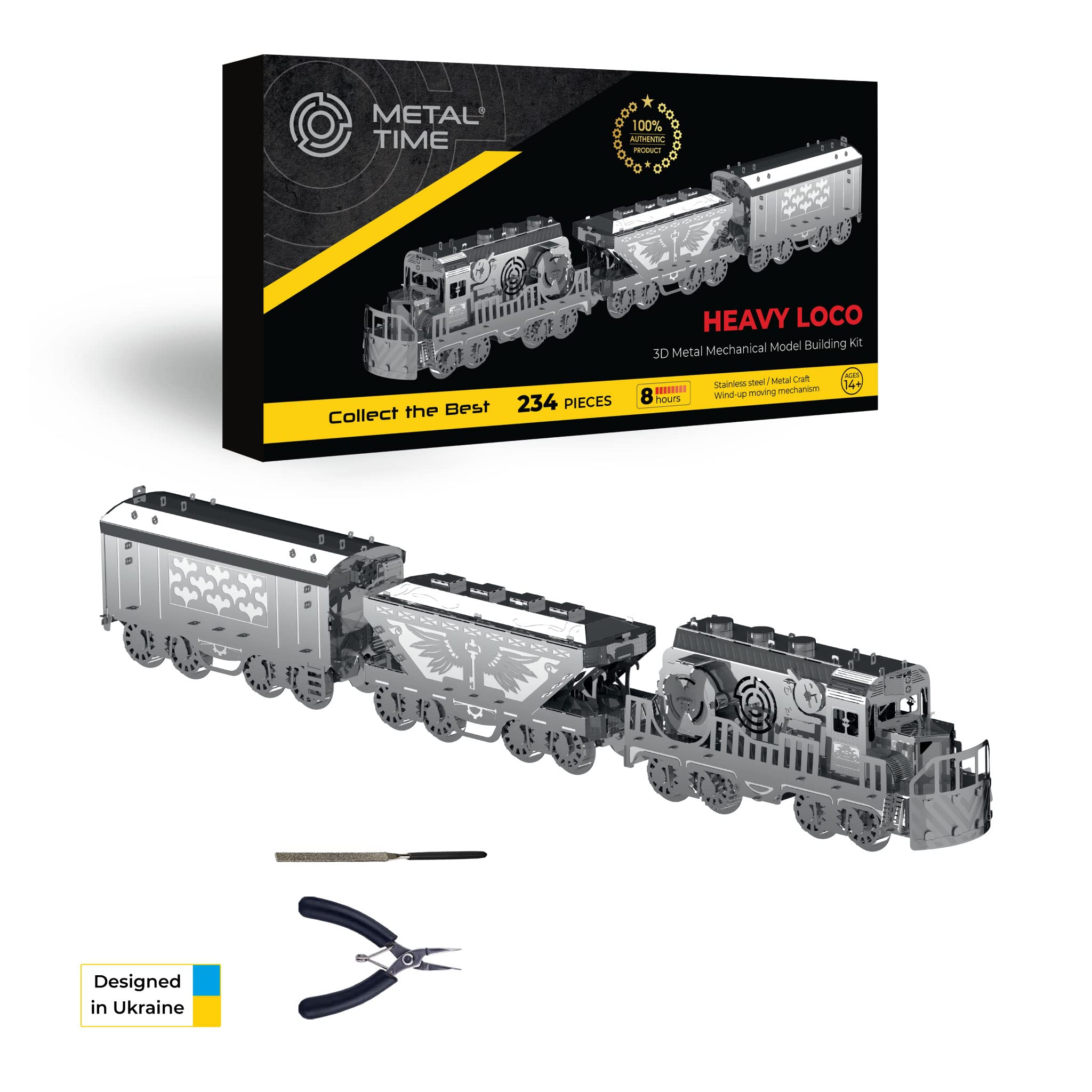 METAL-TIME Freight Train Mechanical Model, Heavy Loco, 3D Metal Model Kit, Wind-up Moving Mechanism, Opening Compartments, 234 Pieces, Age 14+