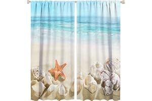 AuiMzoo Warm Journey Curtains, Coastal Beach Clear Seawater Printed Decorative Curtains Kids Room Nursery Bedroom Kitchen Living Room Seashell Starfish, 2 Panels, 63x72 Inch