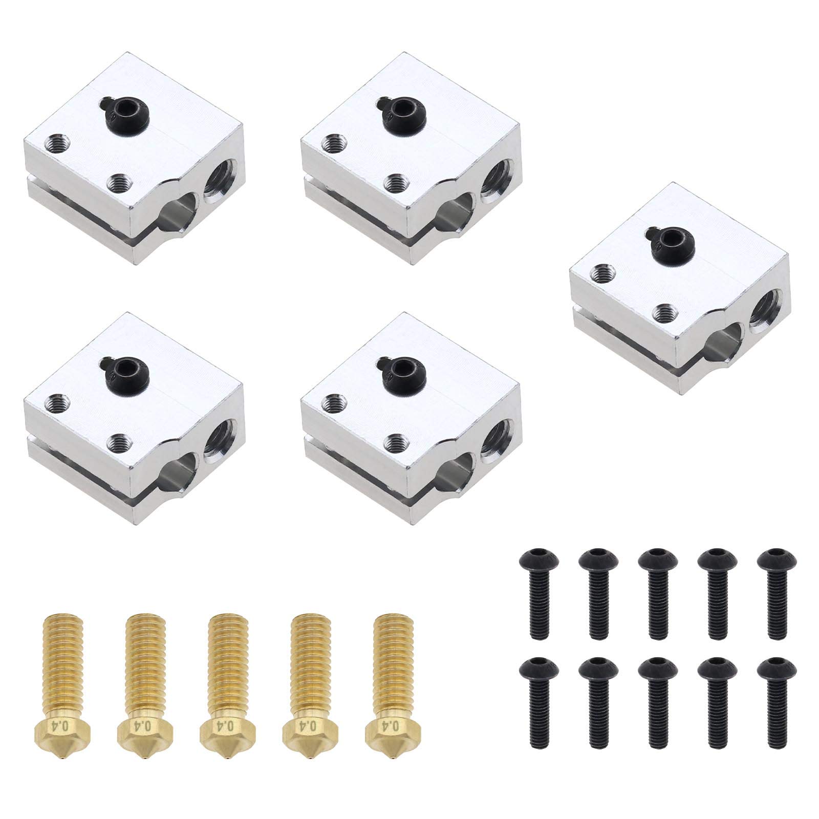 EMSea 5 Set of Heater Block and 0.4mm Brass Nozzle Compatible with E3D V6 Volcano 1.75mm Filament