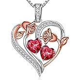 Iefil Birthstone Necklace for Women - 925 Sterling Silver Rose Heart Necklace, Birthstone Jewelry, Anniversary Birthday Gifts for Wife Girlfriend Mom Daughter