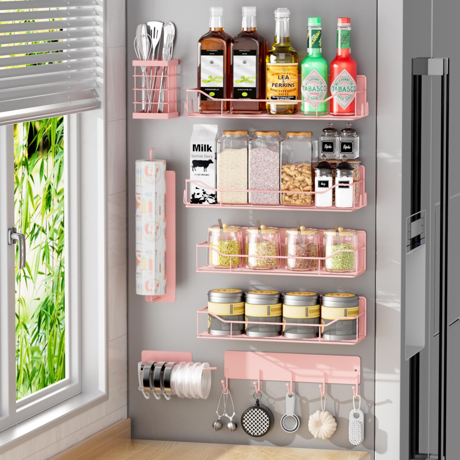 Kmise Magnetic Spice Rack for Refrigerator,8 Pack Magnetic Fridge Shelf, Moveable Spice Organizer with Hook Rack, Paper Towel Holder, Utensil Holder,cup lid holder, Super Magnetic Rack Set (Pink)