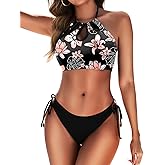 Zojuyozio Women Two Piece Bathing Suit Color Block Swimsuit Floral Cutout Swimwear High Neck Halter Bikini Set