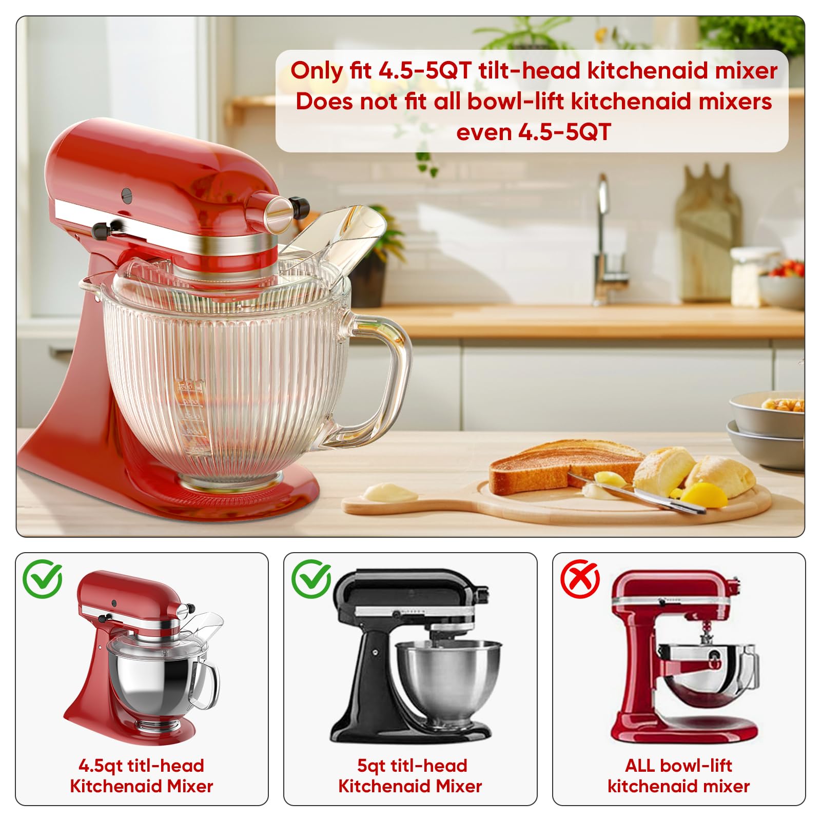 Pouring Shield for KitchenAid 4.5~5 Quart Tilt-Head Stand Mixer, Fits for KitchenAid 4.5~5QT Bowl(Stainless Steel, Glass and Ceramic), Attachment for Kitchenaid Mixers, Not Fit for Bowl Lift