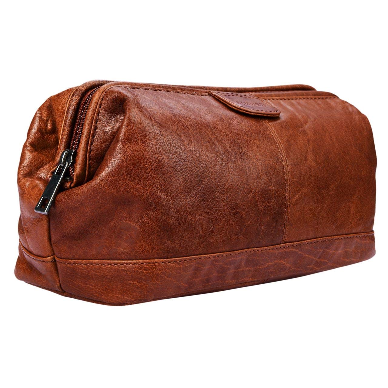 STILORD "Laurin" Mens Wash Bag Travel Leather Vintage Sponge Bag with Zipper Wash Bag Toiletry Bag for Overnight Holiday Weekend in Genuine Leather Colour:Brandy - Brown