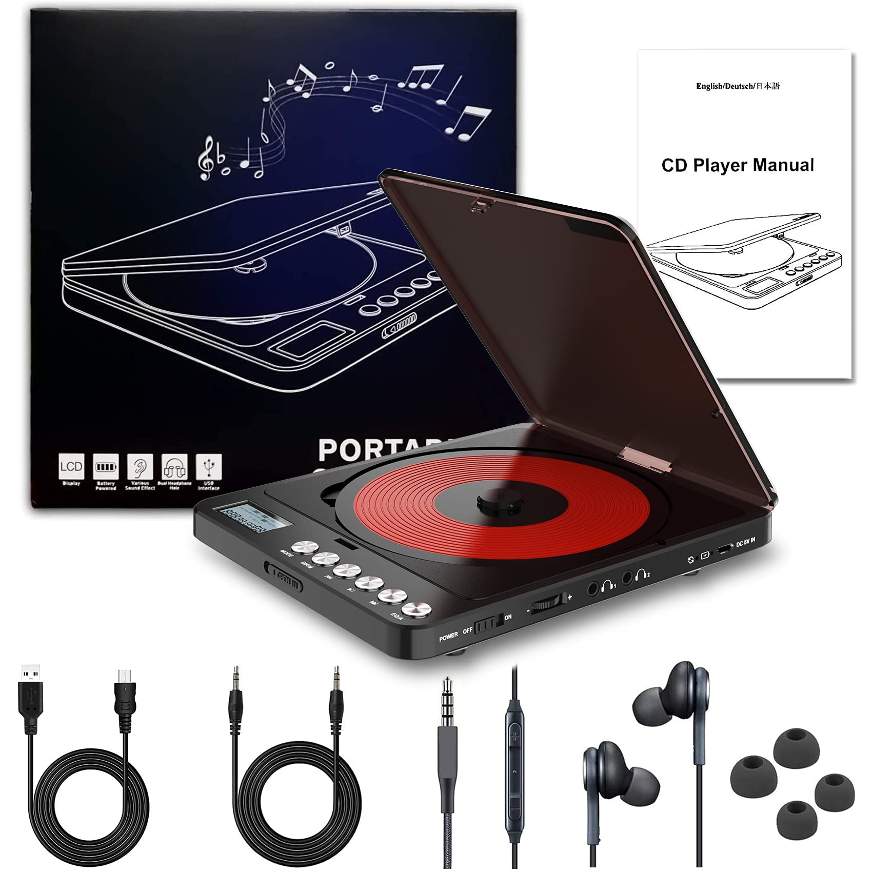 MONODEAL Portable CD Player With Built-in Speakers, Rechargeable for Car and Personal Use, Small Anti-Skip With Dual Headphone Jacks (Black)