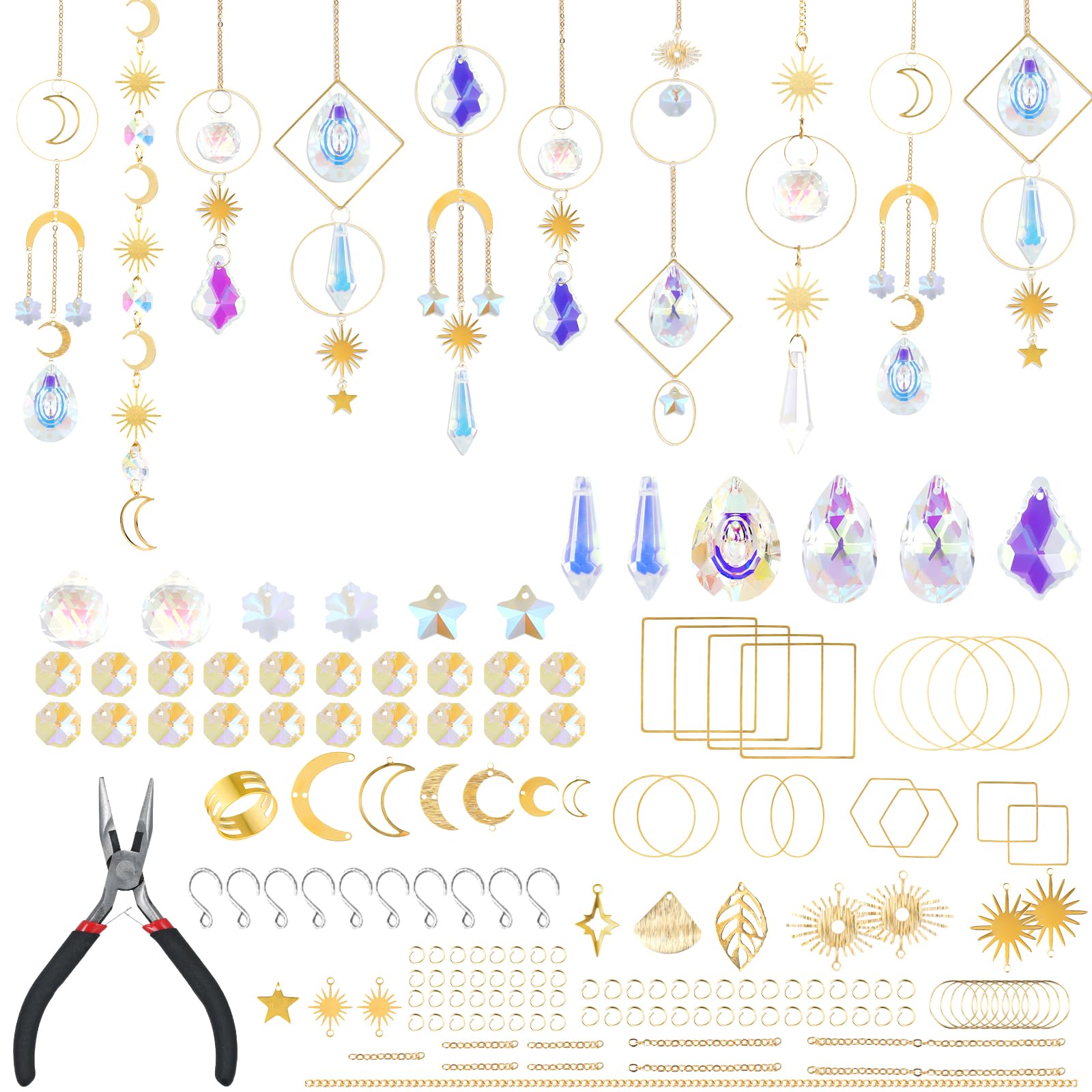 215pcs DIY Sun Catchers Making Kits, Hanging Crystal Pendant Light Catchers for Window Stained Glass Craft Rainbow Maker Supplies Decoration for Home Outdoor Indoor