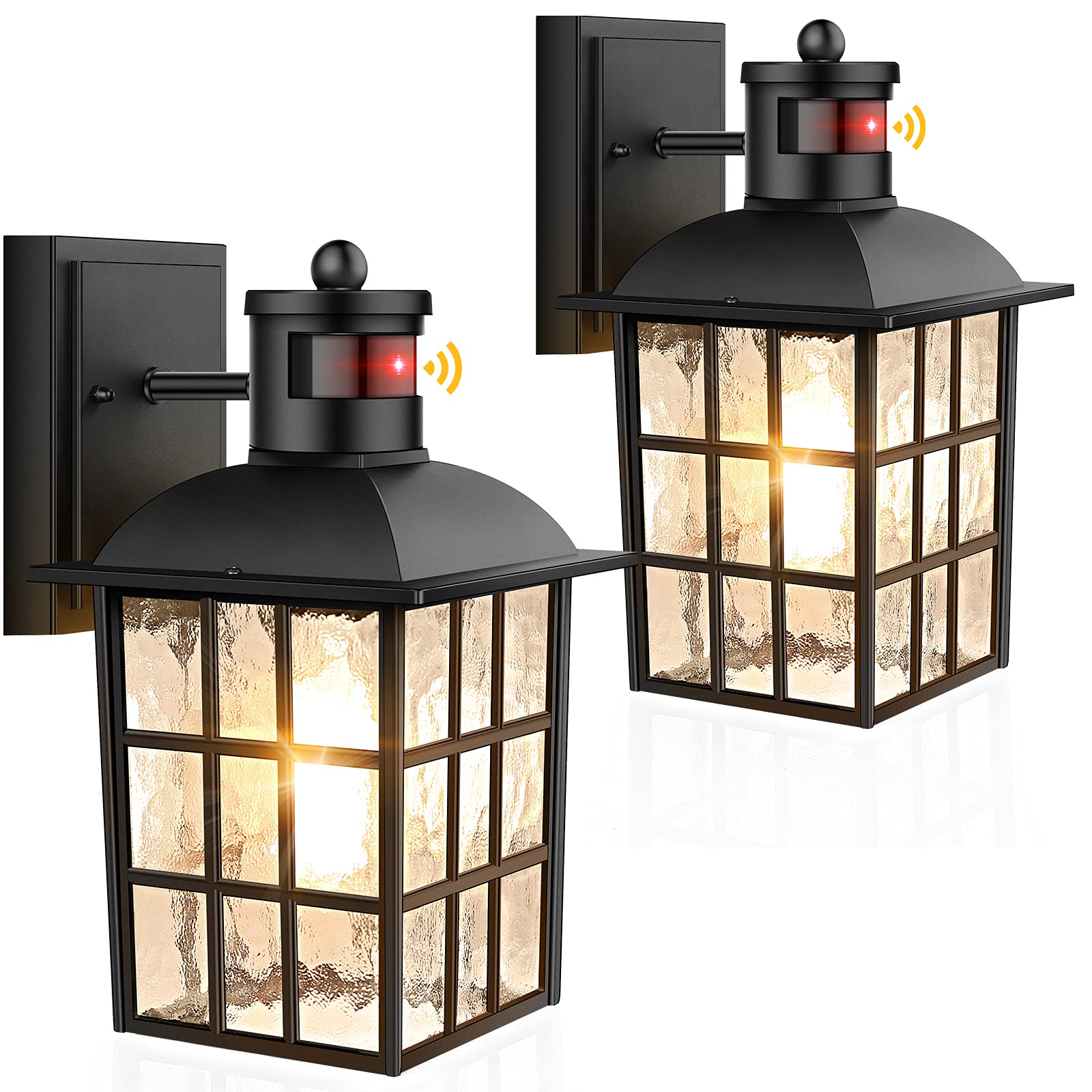 2-Pack Motion Sensor Outdoor Wall Lanterns Dusk to Dawn Outdoor Wall Lights, Waterproof Exterior Light Fixture Wall Mount, Black Wall Sconces Water Ripple Glass, Outside Lights for House Porch Garage