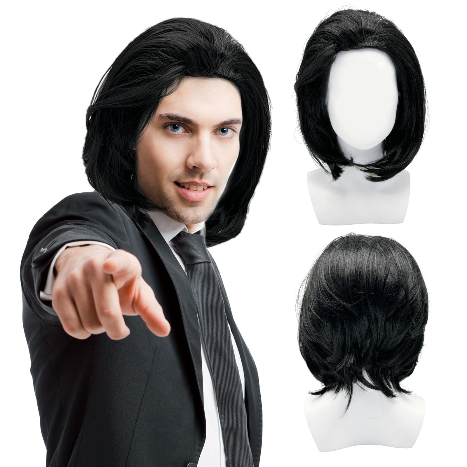 UILYNIU Black Wig Men Short Wig 80s 90s Costume Punk Rock Fancy Dress Wigs for Men Can Tie into Ponytail for Party Cosplay Halloween Carnival