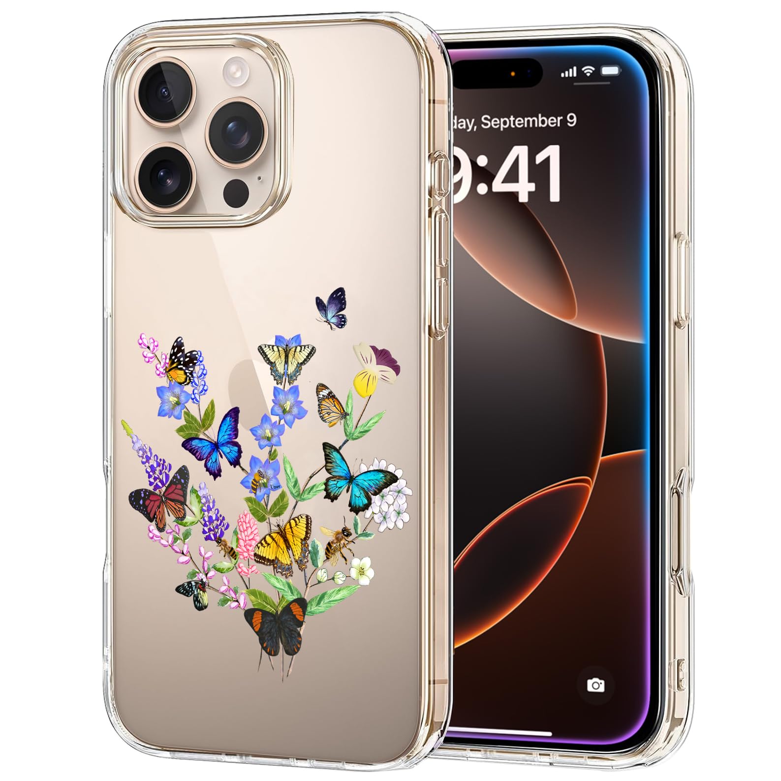 Unov Case Compatible with iPhone 16 Pro Clear with Design Embossed Floral Pattern Soft TPU Bumper Slim Protective 6.3 Inch (Flower Butterfly)