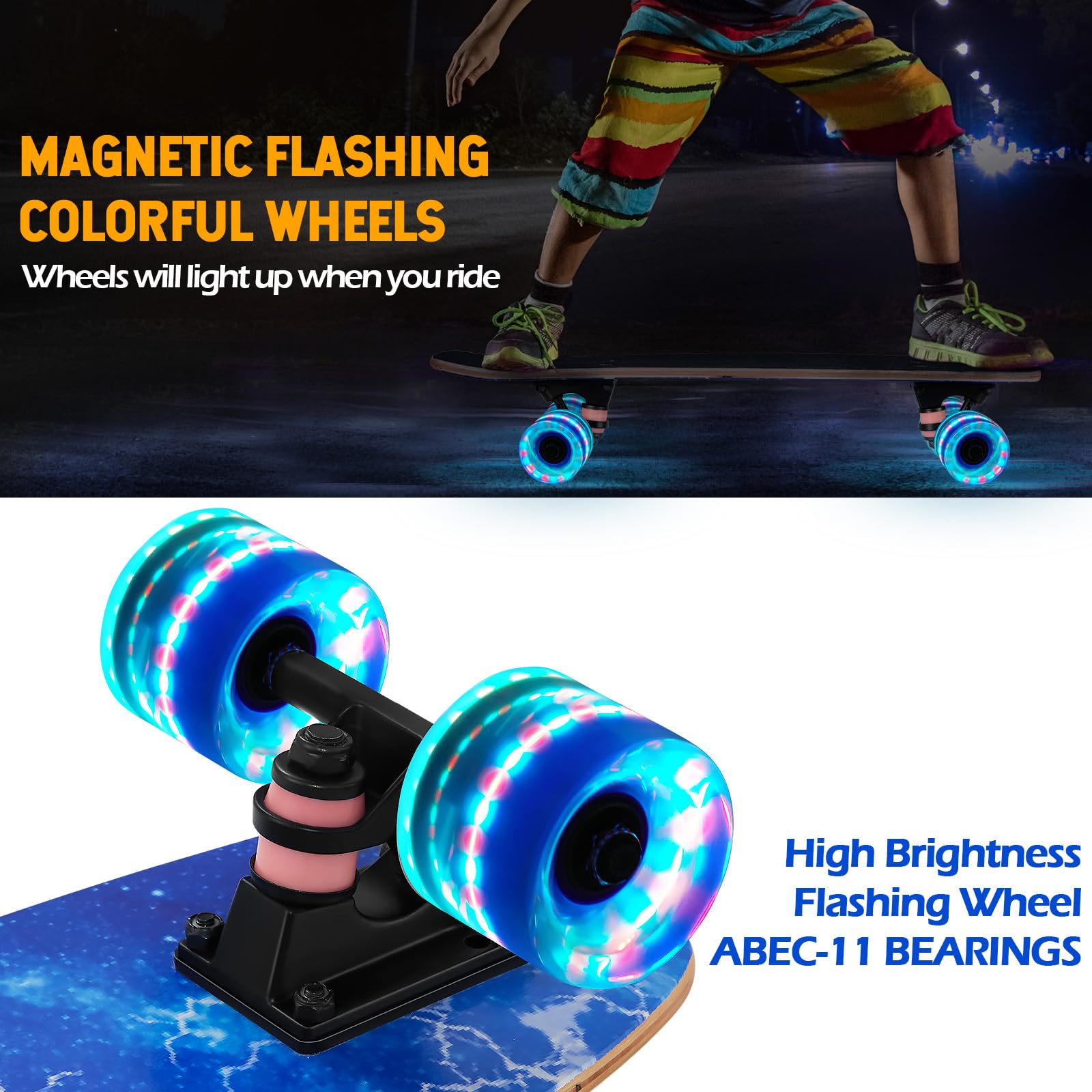 GIEEU Skateboards with Colorful Flashing Wheels for Beginners,Kids,Teens,Adults, Complete Standard Skate Boards 9 Layer Canadian Maple Deck Concave Skateboard