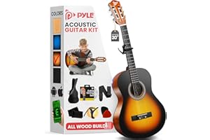 Pyle Beginner Acoustic Guitar Kit, 1/4 Junior Size All Wood Build Nylon String Instrument with Capo, Gig Bag, Strap, Extra St