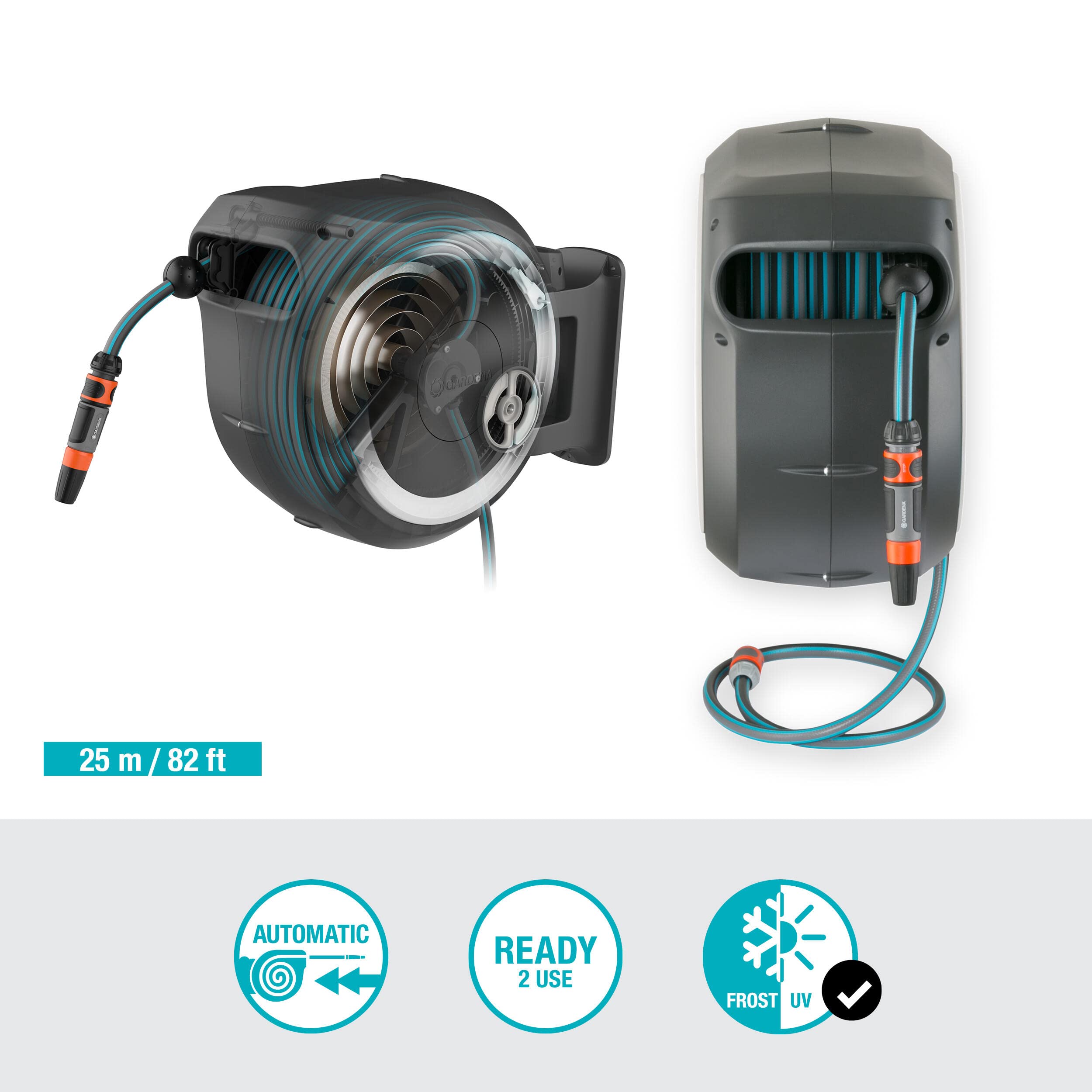 Gardena Wand-Schlauchbox RollUp M/L (weiß) 25 m: flexible Bewässerung für mittelgroße bis große Gärten, Schwenkbare Schlauchbox, inkl. 25 m Gardena Qualitätschlauch und Montagehilfe (18622-20) 2