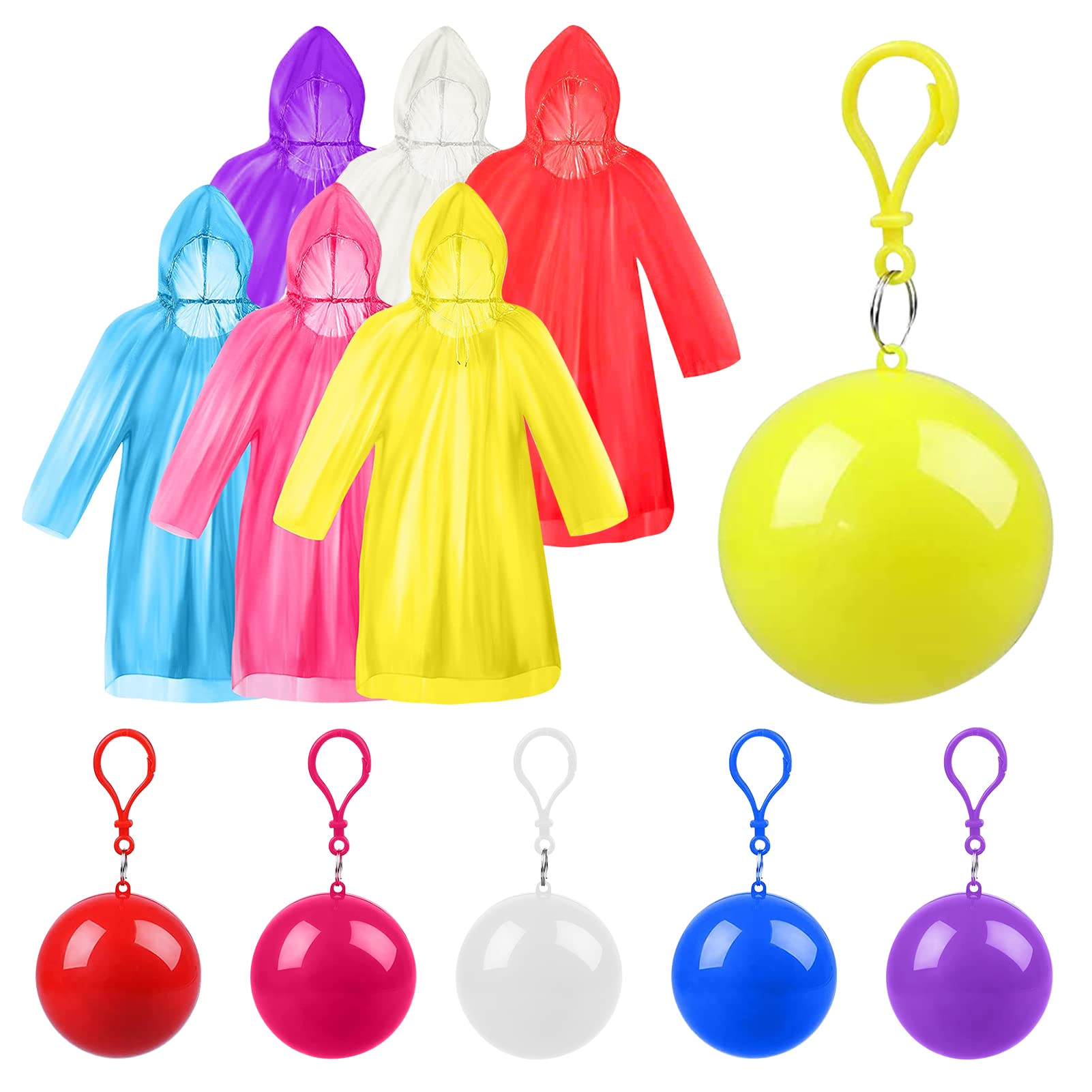 Xrkuu 6 Pieces Disposable Emergency Rain Ponchos, Waterproof Raincoats Packaged in Keychain Ball with Hook, Colorful Portable Adult Rainwear for Camping, Cycling & Outdoor Activities