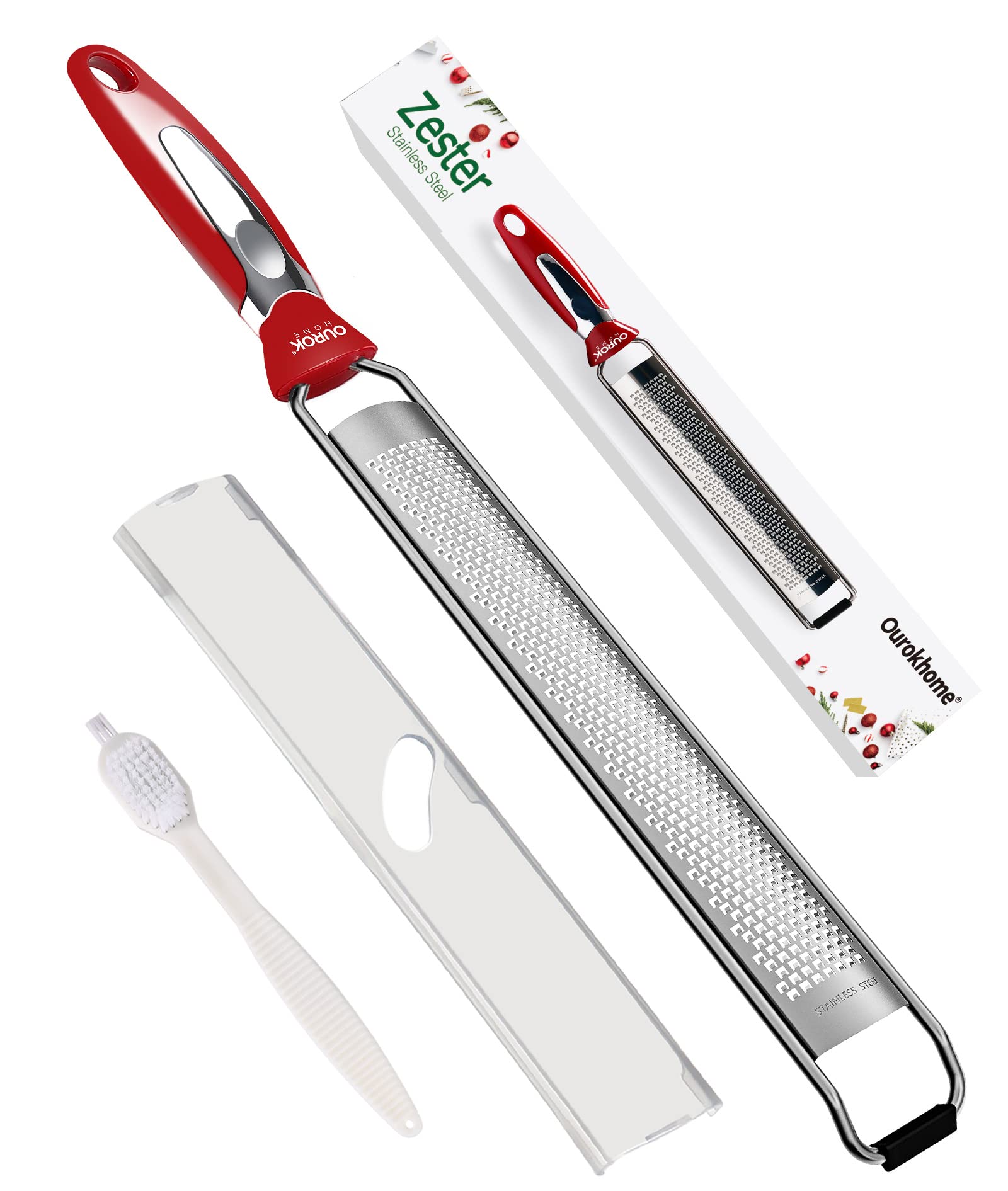 Ourokhome Kitchen Lemon Zester, Stainless Steel Hand Held Parmesan Cheese Grater for Ginger, Chocolate, Coconut, Lime, Nutmeg, Citrus, Fruit, Vegetable with Cleaning Brush, Dishwasher safe, Red