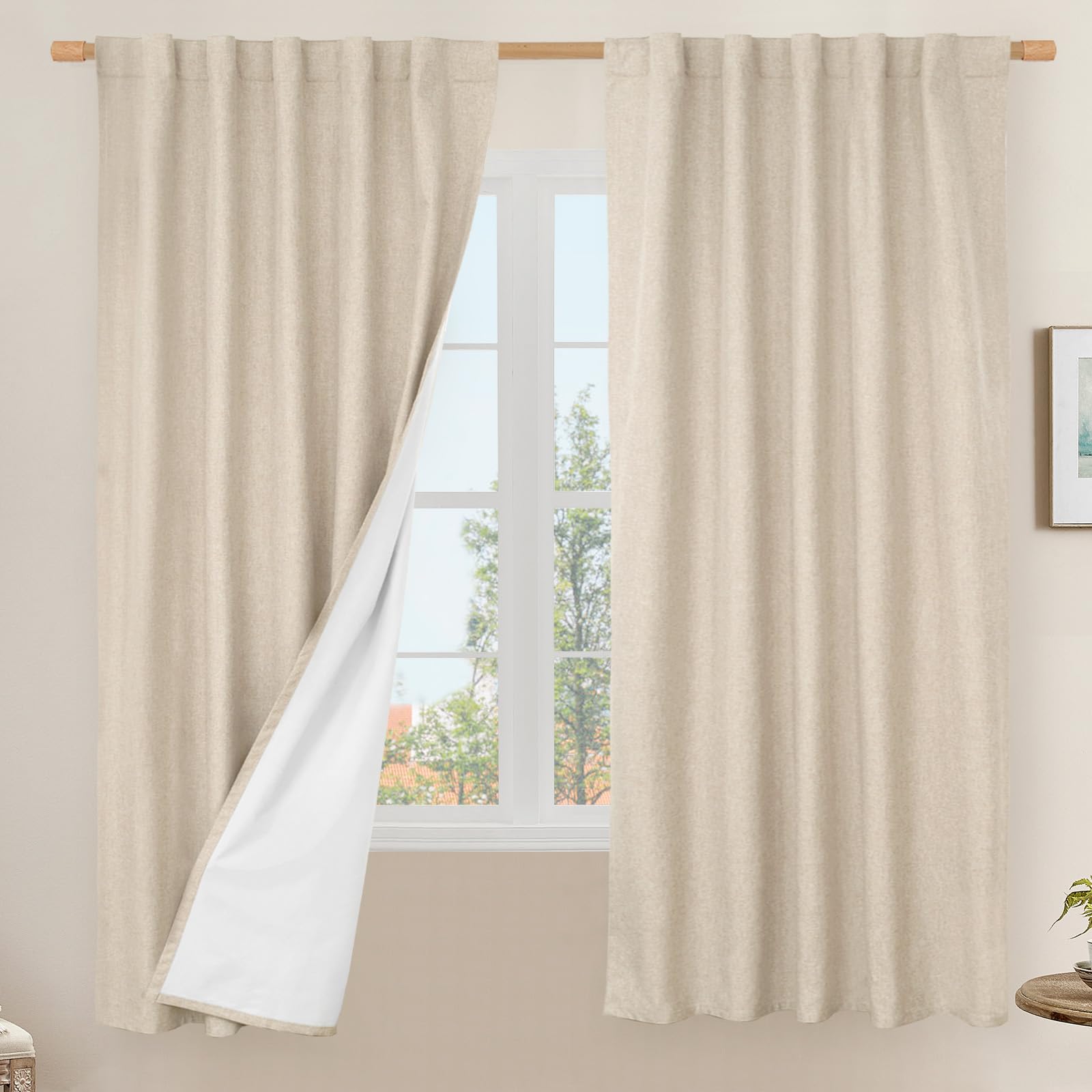 Photo 1 of LAMIT 100% Blackout Linen Curtains, 63 Inches Linen Textured Thermal Bedroom Curtains Back Tab and Rod Pocket Neutral Panels with White Liner for Short Windows, 2 Panels, Linen, 42 x 63 Inch
