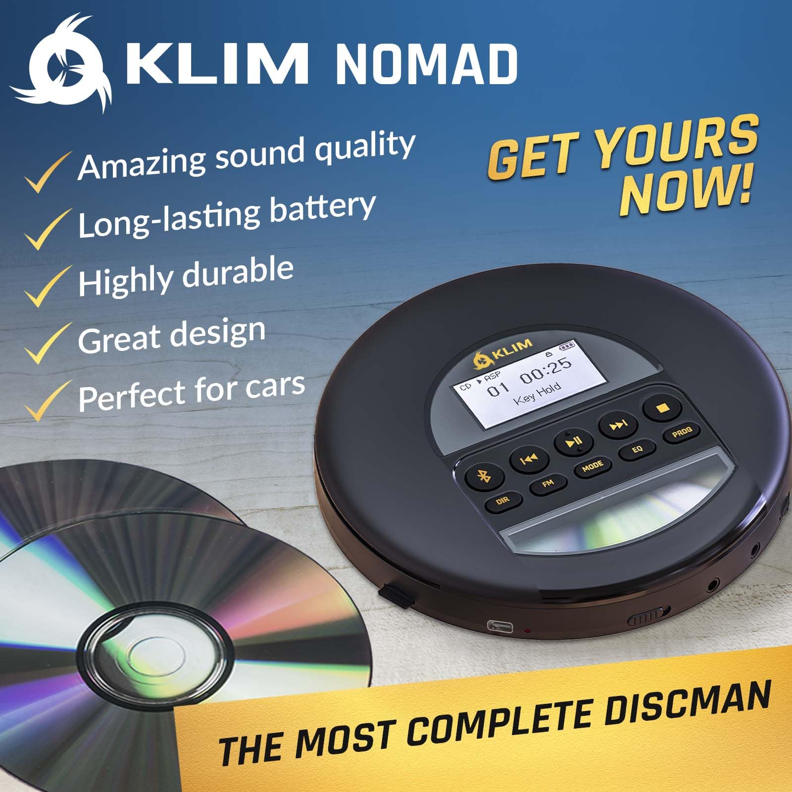 KLIM Nomad - New - Portable CD Player Walkman with Long-Lasting Battery - with Headphones - Radio FM - Compatible MP3 CD Player Portable - TF Card Radio FM Bluetooth - Ideal for Cars - Gold
