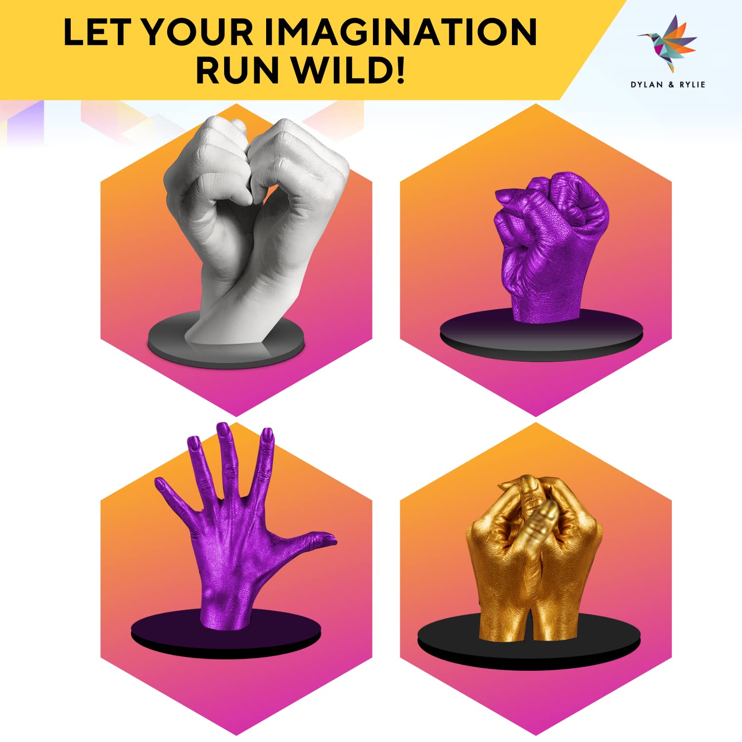 Dylan & Rylie Hand Casting Kit for Couples with Base - Complete DIY Plaster Hand Mold Kit for Couples & Painting Set w/Practice Kit & Mounting Plaque - Gift for Anniversary, Wedding & Birthday