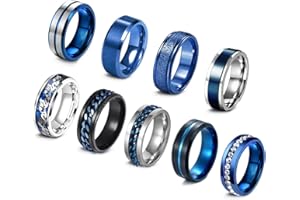 EIELO 9Pcs Stainless Steel Band Rings for Men Women Cool Fidget Spinning Chain Ring Anxiety Relief Fashion Simple Wedding Engagement Black Ring Set