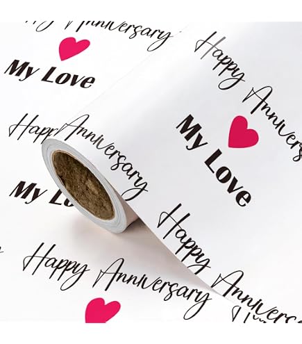 LeZakaa Carta Regalo Con Scritta Happy Anniversary E Cuori – Rotolo 43x5 M – Lamina Oro Per Anniversari