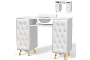 OmySalon Manicure Table w/Dust Collector, Nail Desk for Nail Tech, Nail Station with Storage, for Makeup Beauty Spa Salon, w/Hand Rest, Acetone Resistant, Upholstered Panel w/Diamond (White)