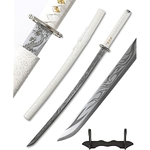 RynForge 1060 High Carbon Steel Katana Sword, Samurai Sword with Stand | Hand Polished Sharp Blade, Gold Embossed Dragon Scab